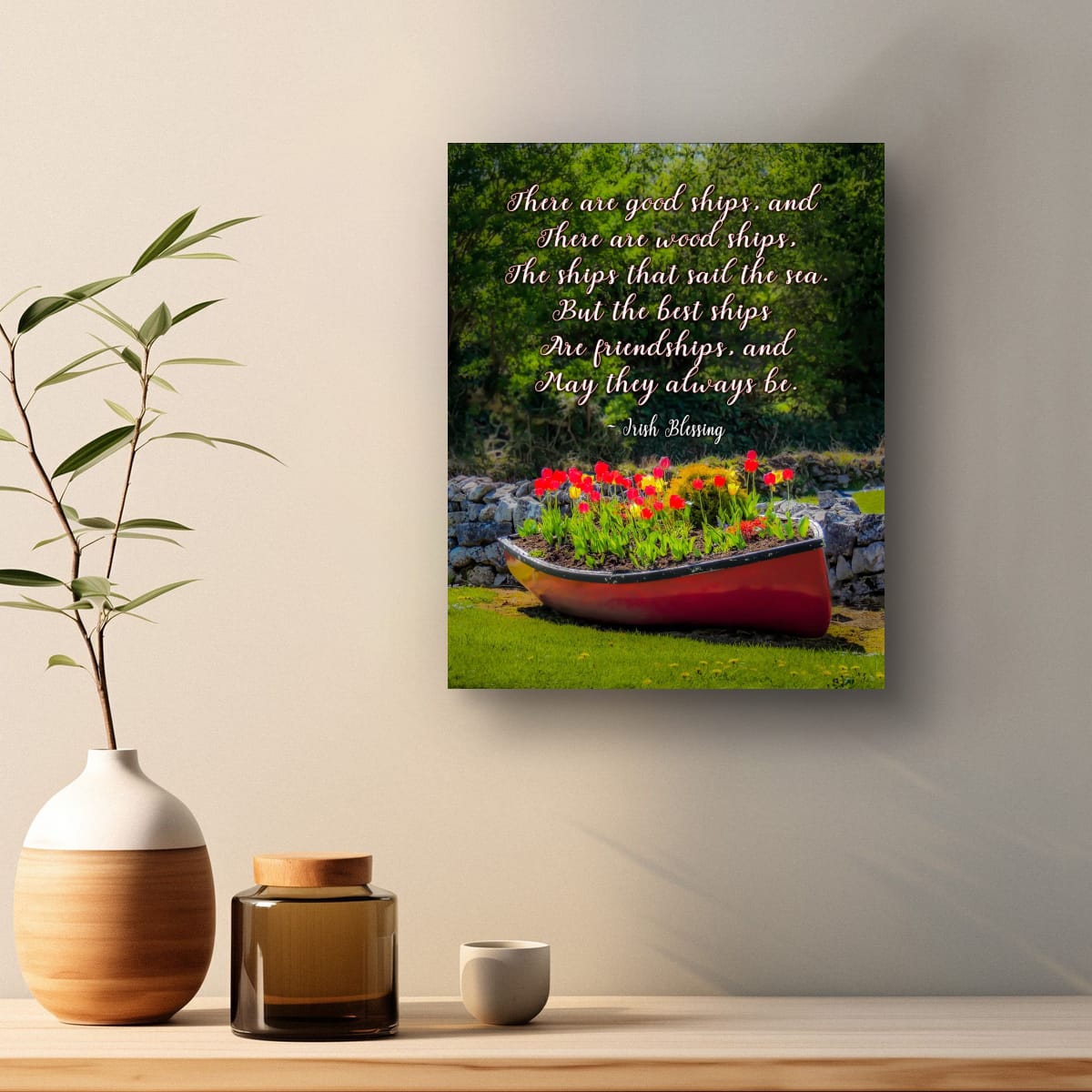 Irish Blessing Poster - Friendship Quote Art Print - Corofin Tulips & Rowboat Wall Decor - Handmade Gift