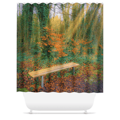 Shower Curtain - Bench at Dromore Wood in Autumn - James A. Truett - Moods of Ireland - Irish Art