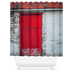 Shower Curtain - Red Door on Weathered Stone Farm Building, County Clare - James A. Truett - Moods of Ireland - Irish Art