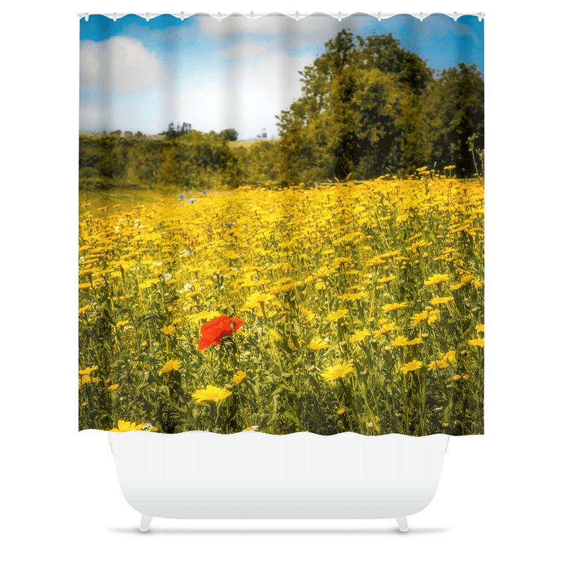 Shower Curtain - Red Poppy in Yellow Wildflower Meadow, Ballynacally, County Clare - James A. Truett - Moods of Ireland - Irish Art