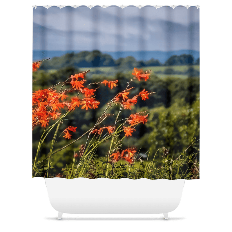 Shower Curtain - Vibrant Montbretia Flowers in the County Clare Countryside - James A. Truett - Moods of Ireland - Irish Art