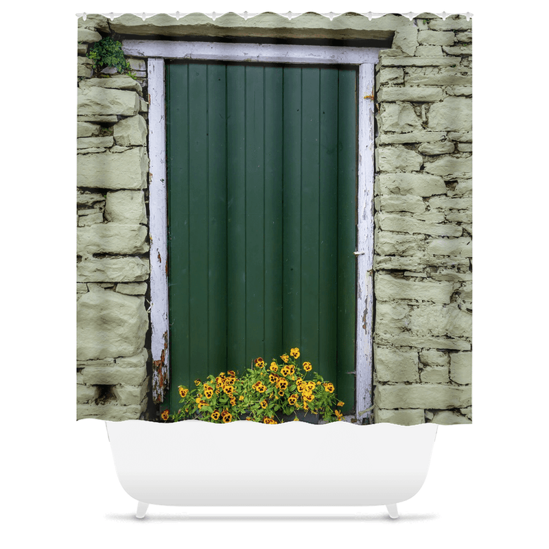 Shower Curtain - Pansies and Painted Old Stone Building, Cooraclare, County Clare - James A. Truett - Moods of Ireland - Irish Art