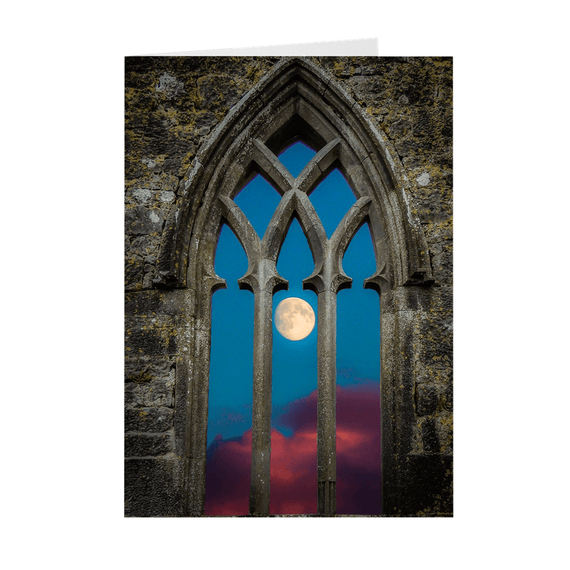 Folded Note Cards - Moon through Gothic Arch at Kilmacduagh, County Galway - James A. Truett - Moods of Ireland - Irish Art