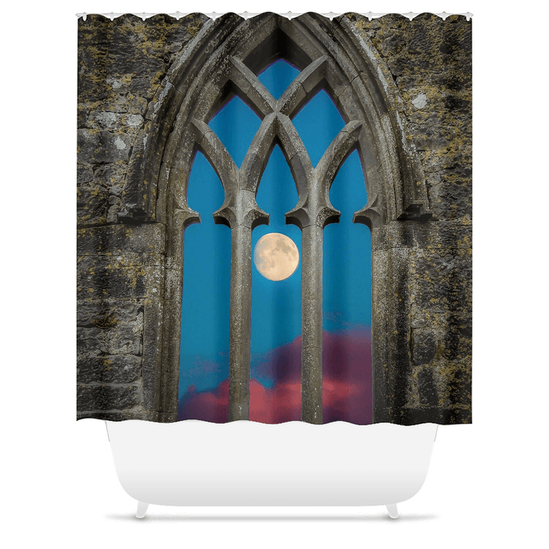 Shower Curtain - Moon through Gothic Arch at Kilmacduagh, County Galway - James A. Truett - Moods of Ireland - Irish Art