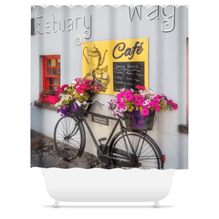 Shower Curtain - Bicycle Flower Planter at Estuary Way Cafe, Ballynacally, County Clare - James A. Truett - Moods of Ireland - Irish Art