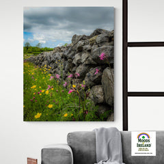 Canvas Wrap - Kildysart Buttercups & Ragged Robin against Stone Wall, County Clare - James A. Truett - Moods of Ireland - Irish Art