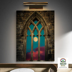 Canvas Wrap - Moon through Gothic Arch at Kilmacduagh, County Galway - James A. Truett - Moods of Ireland - Irish Art