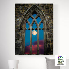 Canvas Wrap - Moon through Gothic Arch at Kilmacduagh, County Galway - James A. Truett - Moods of Ireland - Irish Art