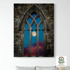 Canvas Wrap - Moon through Gothic Arch at Kilmacduagh, County Galway - James A. Truett - Moods of Ireland - Irish Art