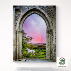 Canvas Wrap - Medieval Arch with White Horse and Monochrome Rainbow, County Clare - James A. Truett - Moods of Ireland - Irish Art