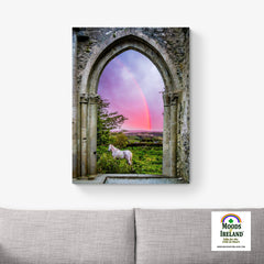 Canvas Wrap - Medieval Arch with White Horse and Monochrome Rainbow, County Clare - James A. Truett - Moods of Ireland - Irish Art