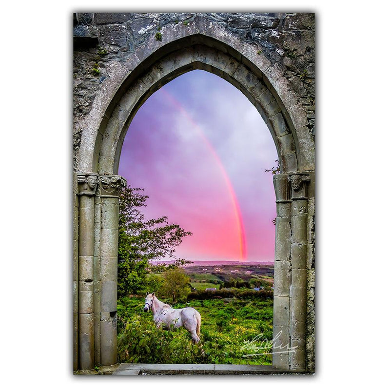 Canvas Wrap - Medieval Arch with White Horse and Monochrome Rainbow, County Clare - James A. Truett - Moods of Ireland - Irish Art