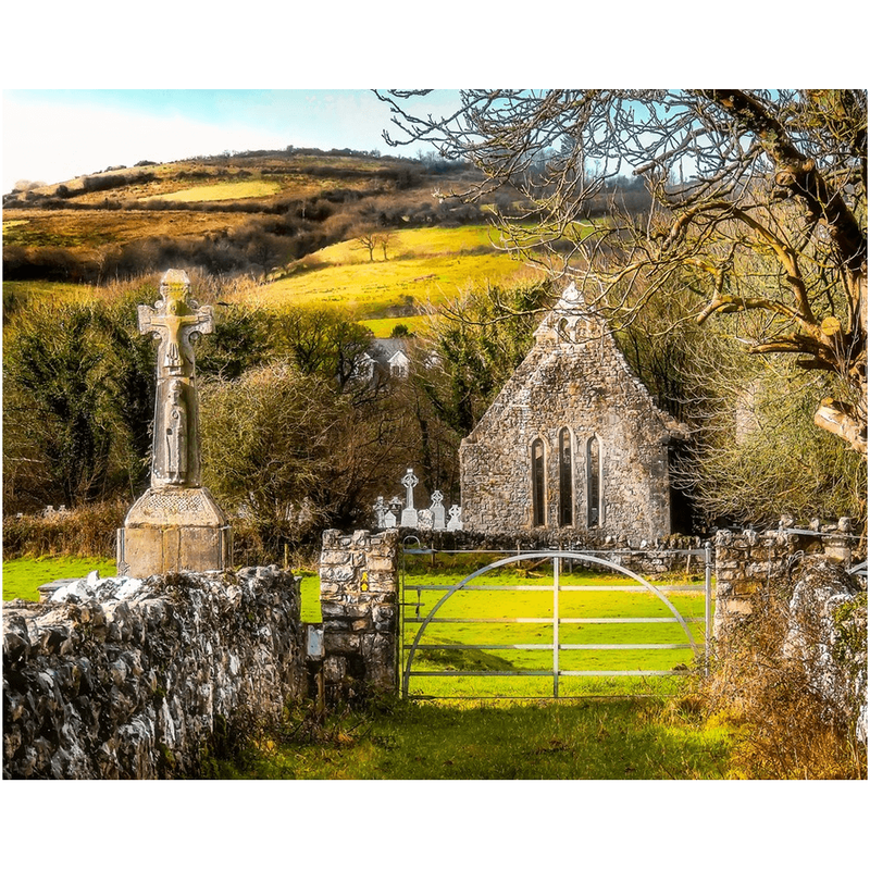 Print - 12th Century High Cross and Church Ruins in Ireland's County Clare