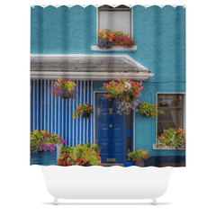 Shower Curtain - Blue House and Flowers, Sixmilebridge, County Clare - James A. Truett - Moods of Ireland - Irish Art