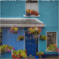 Shower Curtain - Blue House and Flowers, Sixmilebridge, County Clare - James A. Truett - Moods of Ireland - Irish Art