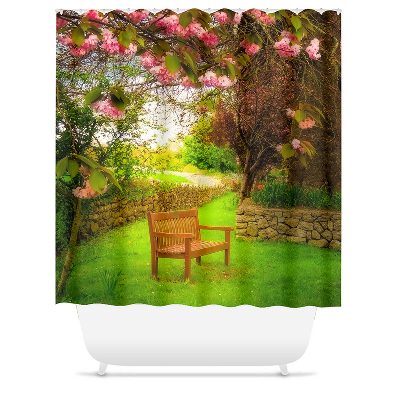 Shower Curtain - Bench under Cherry Blossoms, Quin, County Clare - James A. Truett - Moods of Ireland - Irish Art