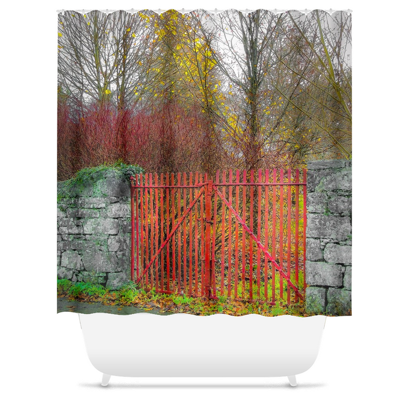 Shower Curtain - Red Gate in Autumn, County Galway - James A. Truett - Moods of Ireland - Irish Art