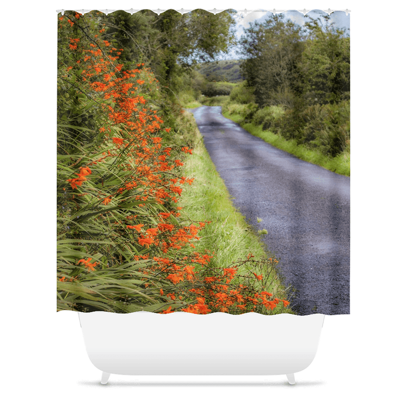 Shower Curtain - Orange Wildflower Cascade along Irish Country Road - James A. Truett - Moods of Ireland - Irish Art