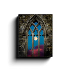 Canvas Wrap - Moon through Gothic Arch at Kilmacduagh, County Galway - James A. Truett - Moods of Ireland - Irish Art